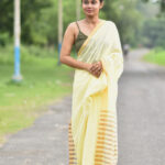 Handloom Cotton Saree | Golden Zari Stripes|  Butter Milk