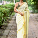 Handloom Cotton Saree | Golden Zari Stripes|  Butter Milk